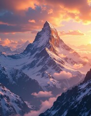 Snow-Capped Mountains Peak at Sunset with Pink Clouds