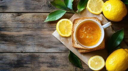 Freshly Brewed Tea with Lemons and Toast on Rustic Wooden Table