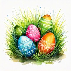 カラフルなイースターエッグが草むらに置いてある水彩風イラスト