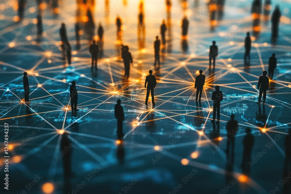 Poster diverse silhouettes of people on an abstract network background representing connection and communit