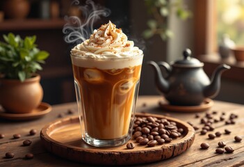 Steaming latte with whipped cream and coffee beans