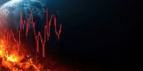 global economy  supply policy. Visual of a planet with financial chart and fiery elements.