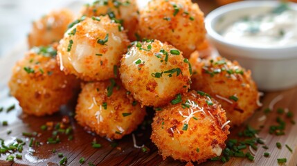 Mac and cheese bites on a wooden table, white background