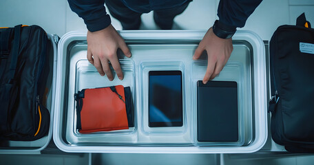 Top View on Passengers Placing Personal Items in Plastic Tray for Screening: Tablet Computer, Phone, Bag. Airport Security Checkpoint before Boarding Plane Flight. Security Officer Controls Procedure.