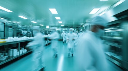Fototapeta premium Workers in motion at modern drug factory