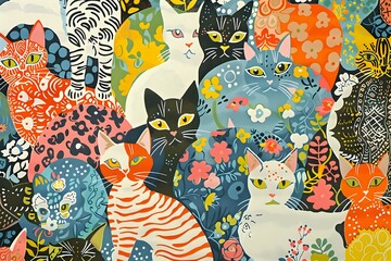 Colorful Cats and Floral Pattern