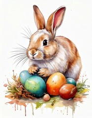 カラフルなイースターエッグとうさぎの水彩風イラスト