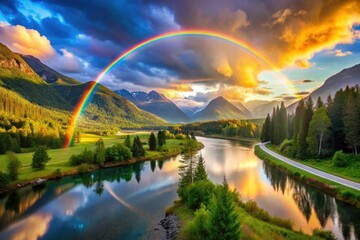 Obraz premium Colorful clouds reflect in a river, a double rainbow spans a scenic mountain road, creating a magical landscape.