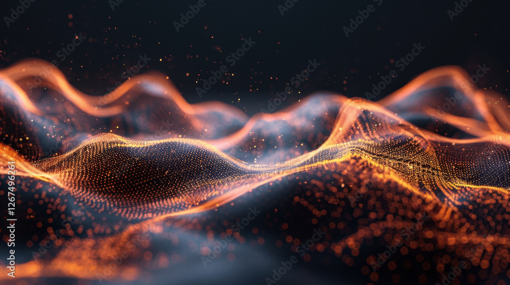 Poster abstract digital waves with glowing particles creating dynamic visual effect, representing technolog