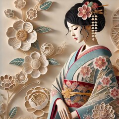 Japanese woman in a kimono, depicted in a detailed paper-cut style with floral patterns.
