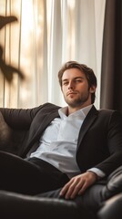A relaxed caucasian male dressed in formal attire reclines comfortably in a cozy lounge, basking in the warm glow of sunlight streaming through the curtains