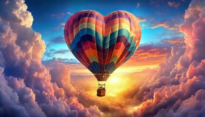Naklejka premium Heart-shaped flying hot air balloon 