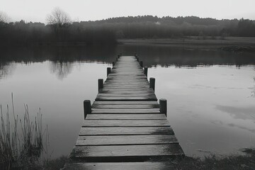 Black and White Photography of a Peaceful Wooden Dock Leading into Still Water Landscape