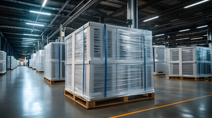 Medium closeup of a factory floor with stacks of air filtration equipment wrapped in protective plastic portraying the scale of the installation project.