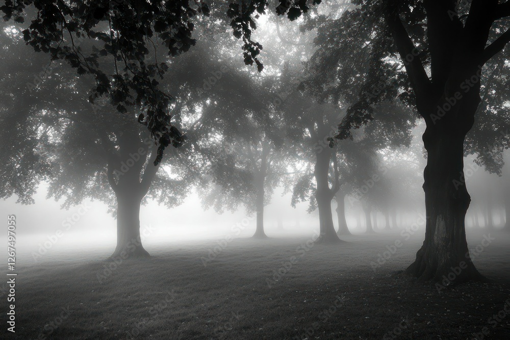 Poster mysterious foggy forest scene with tall trees shrouded in ethereal mist and soft light