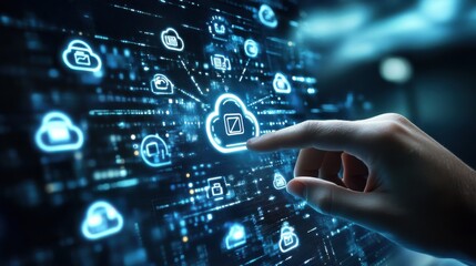 Cloud service concept with man finger touching digital screen with cloud service application icons at abstract city background