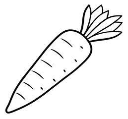 Carrot vegetable outline black and white cute drawing. The vegetable is the main focus of the image. The vegetable adds a touch of nature and freshness to the scene. The image is simple and clear