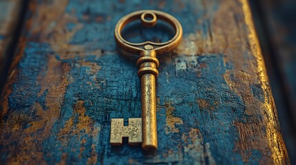 Antique Brass Key Resting on a Weathered Wooden Surface with Soft Diffused Lighting and Gentle Shadows Blurred Background Providing Copy Space