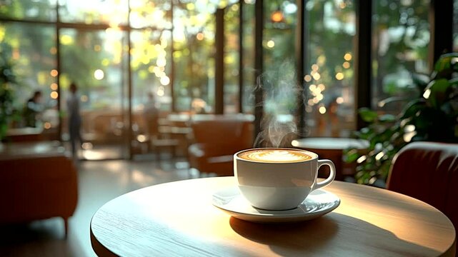 Steaming coffee cup on wooden table in bright modern caf&eacute; with natural sunlight. Seamless looping 4K time-lapse animation video background