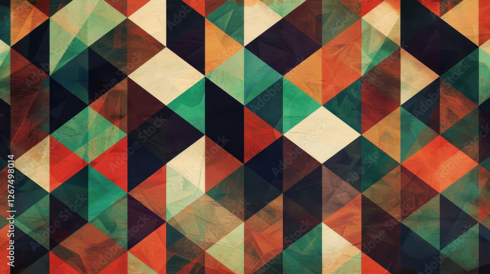 Poster geometric pattern with colorful triangles in shades of red, green, and blue, creating vibrant and dy
