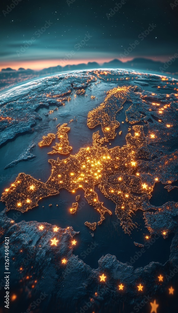 Poster digital europe a constellation of connected nations, glowing with data and integration