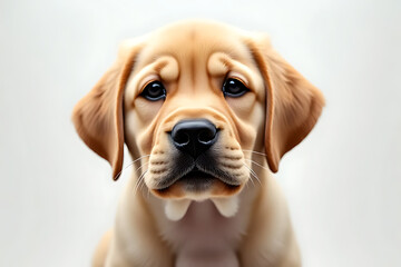 A puppy with big, expressive eyes sitting on a white background with soft lighting