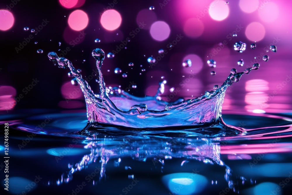 Poster vibrant water splash with colorful bokeh background and reflections in a serene environment