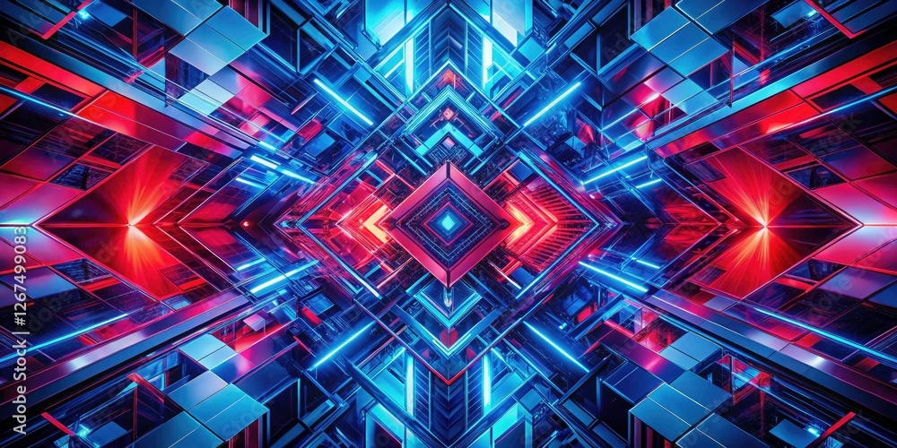 Poster cyberpunk drone shot: abstract red and blue geometric patterns define a futuristic tech background.