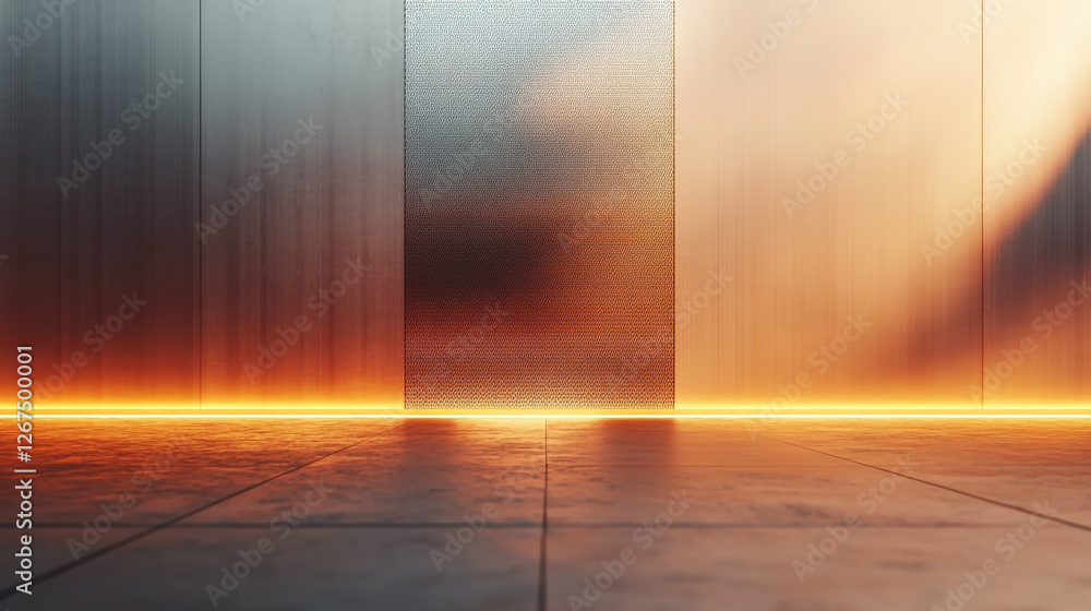 Poster abstract background of a wall with a vertical metal plate and floor, illuminated by warm light. back