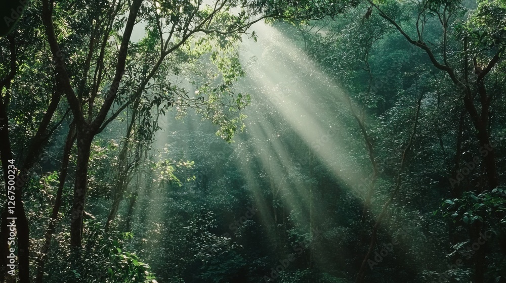 Poster sunlight filtering through dense forest canopy on a tranquil day