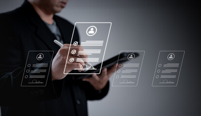 businessman utilizes interface for Human Resource Management (HR), focusing recruitment, leadership development, strategic customer targeting, managing company positions with precision and efficiency.