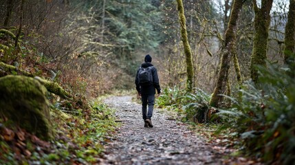 Person walking along a nature trail surrounded by trees and plants