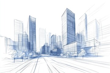 Fototapeta premium Abstract Urban Landscape Concept with Skyscrapers and Modern Buildings Sketch Art Design