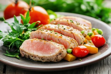 Deliciously Cooked Pork Tenderloin with Fresh Vegetables and Herbs on Rustic Plate