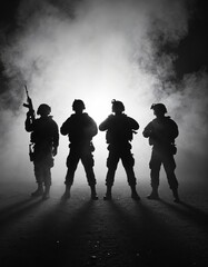 Silhouettes of four armed soldiers standing in smoke with backlight. Military and special forces concept.