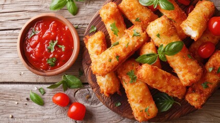 Mozzarella sticks with marinara sauce on a wooden table, white background