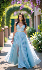 Beautiful woman in flowing blue gown walking through a garden path with blooming flowers in springtime