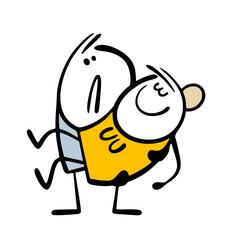 Tired, unhappy stickman is carrying a woman in his arms. Vector illustration of a husband taking care of lazy wife. Psychological dependence, uses a person. Isolated characters on white background.