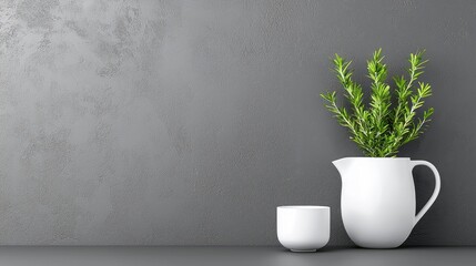 Rosemary in white pitcher, grey background, minimalist kitchen setting