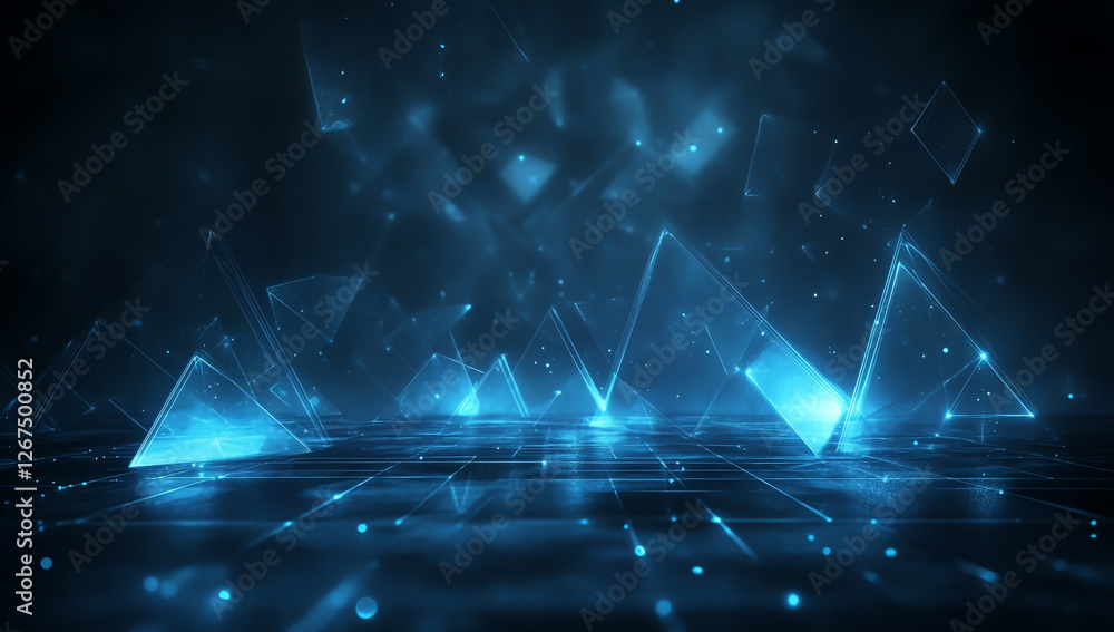 Poster abstract background with blue glowing neon triangles and light reflections on the floor, an empty sc