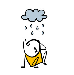 Sad stickman sits on the ground and looks up at the sky. Vector illustration suddenly it started raining from a cloud and soaked   man. Isolated character on white background.