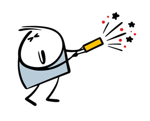 Boy holds a firecracker in his hands. Vector illustration of a merry holiday, new year, stickman shooting fireworks.  Loud bang, good mood. Isolated character on white background.