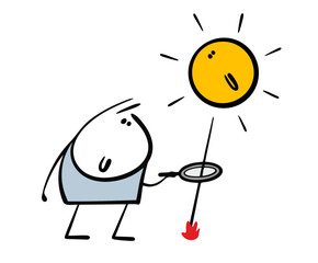 Boy is playing around, using a magnifying glass and solar energy to light a campfire Vector illustration stickman, sun and fire. Isolated cartoon character on white background.