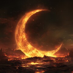 Fiery Crescent Moon Over Burning Landscape