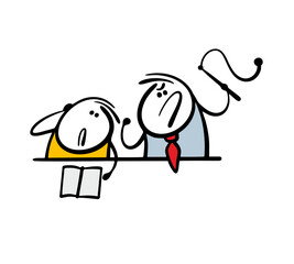 Child is sitting at the table doing his homework, the father is standing next to him, helping. Vector illustration of an unhappy student and an angry teacher with a whip in a math lesson at school.