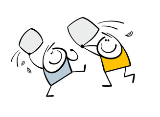 Two children are having fun playing, fighting with pillows. Vector illustration of a child's fight on a bed, a carefree childhood. Isolated cartoon character on white background.