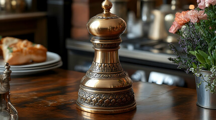 Ornate Gold Pepper Mill On Wooden Table