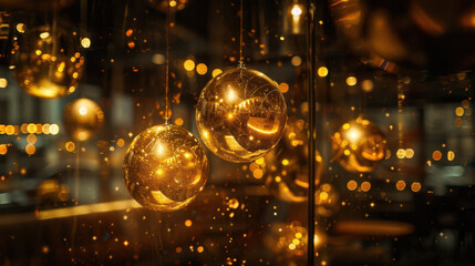 Golden decorative ornaments hanging with warm bokeh lights creating festive atmosphere. shimmering reflections enhance holiday spirit and elegance of scene