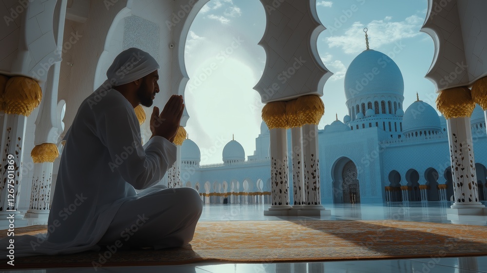 Poster a religious muslim man kneels in deep prayer within an opulent mosque, illuminated by the gentle mor