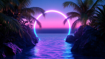 abstract background with neon blue and violet light arch on water surface, tropical landscape with palm trees, night scene.